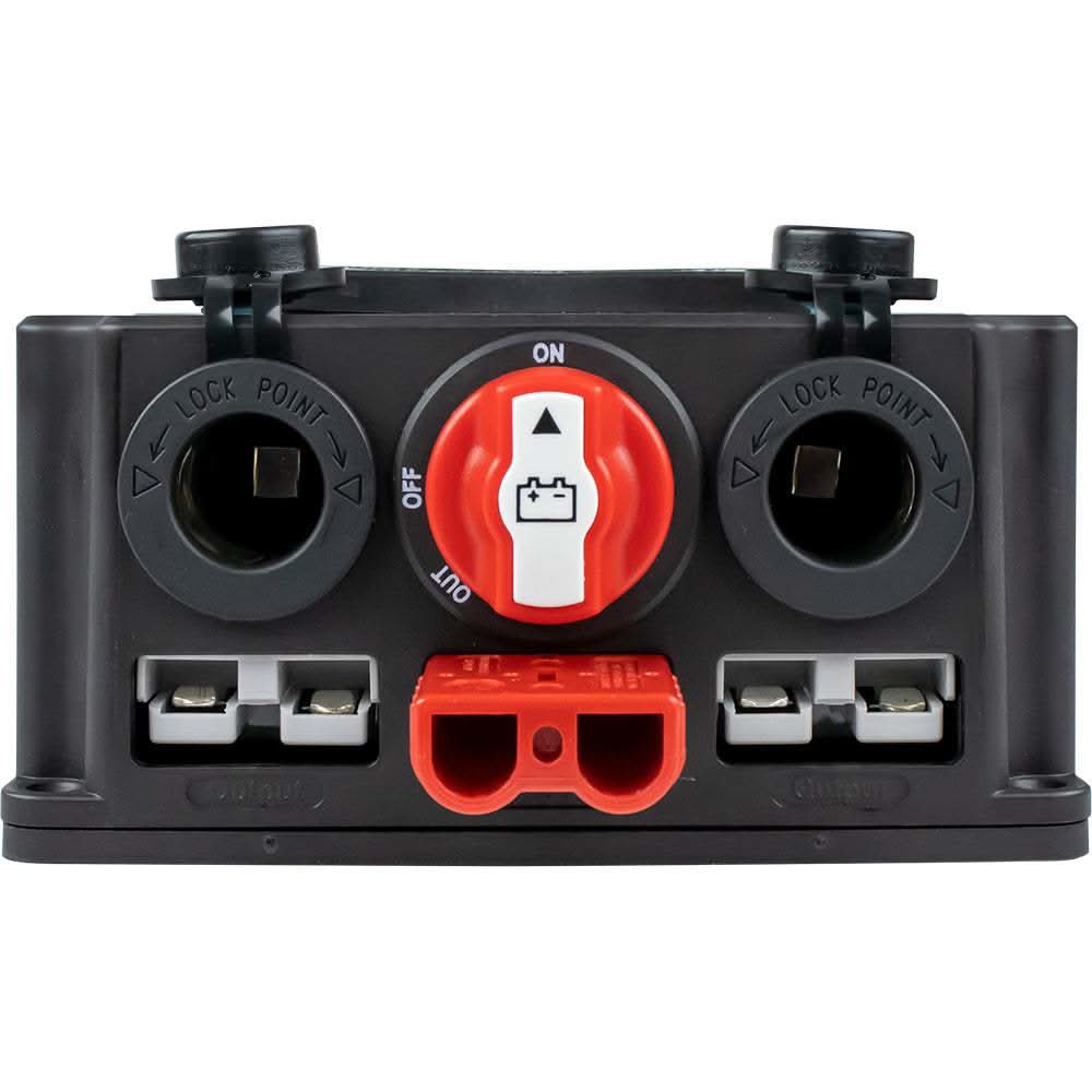 Sea-Dog Power Box battery switch with 50A control knob, Anderson plugs, USB-C and USB-A ports in black housing