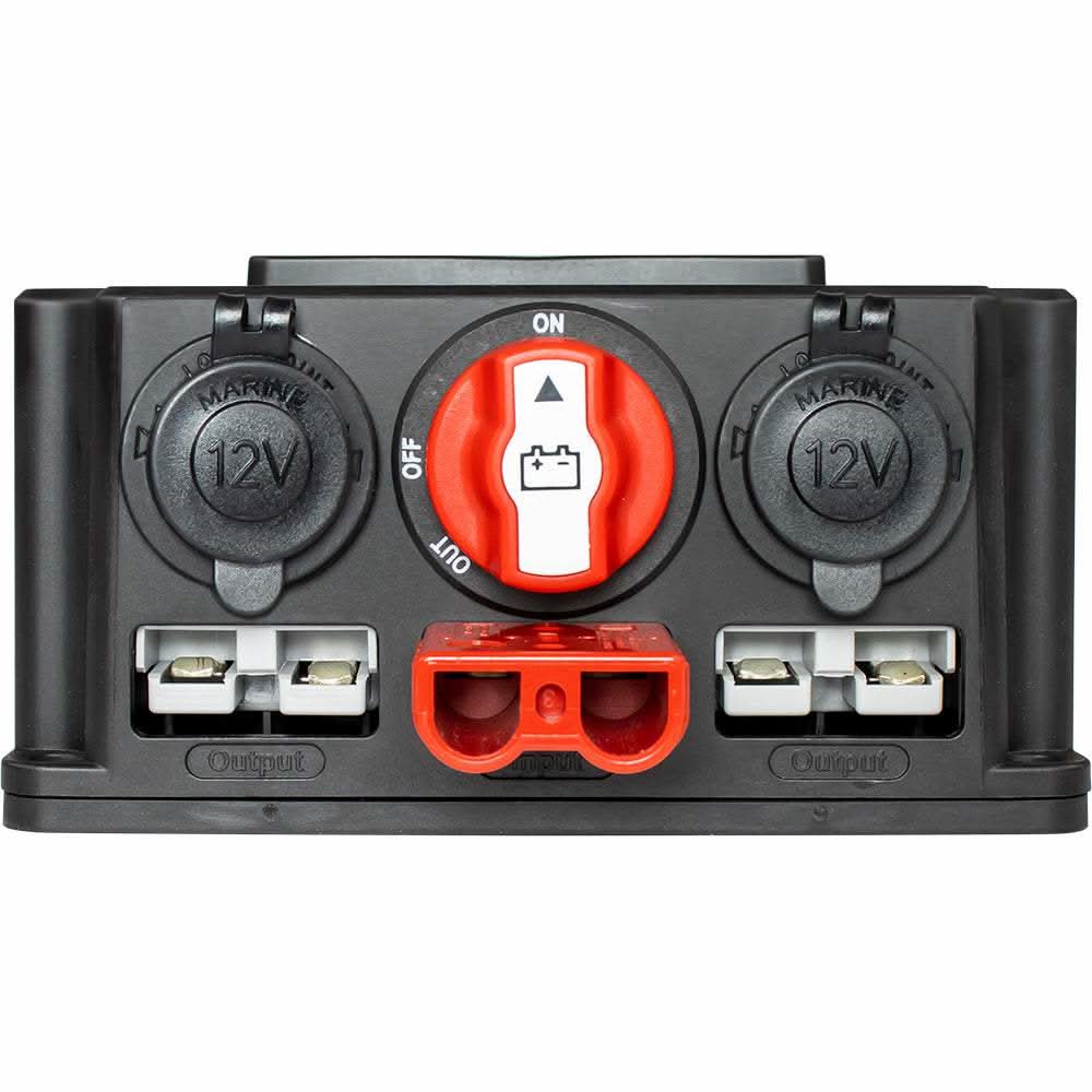 Sea-Dog Power Box battery switch with 50A rating, USB ports, Anderson outputs, and LED voltmeter in black housing
