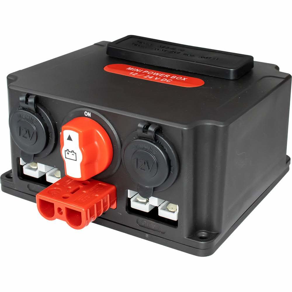 Sea-Dog Power Box battery switch with 50A capacity, LED voltmeter, USB-C and USB-A ports in black casing