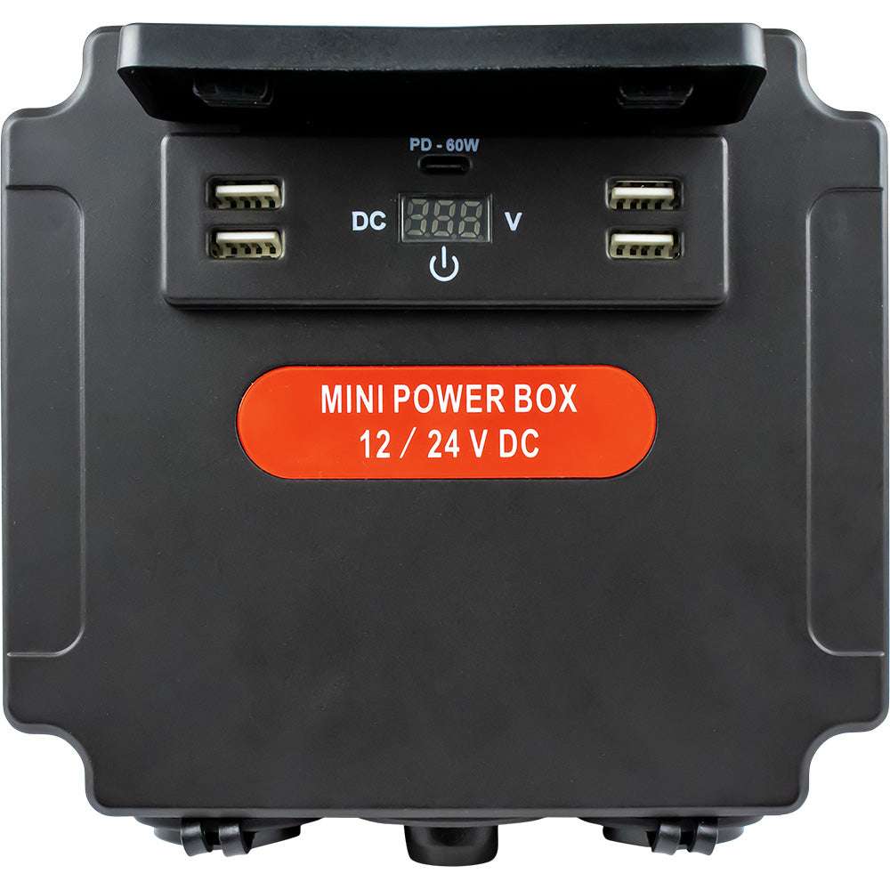 Sea-Dog Power Box battery switch with USB ports and LED voltmeter, 12-24V DC, 50A output, black compact design