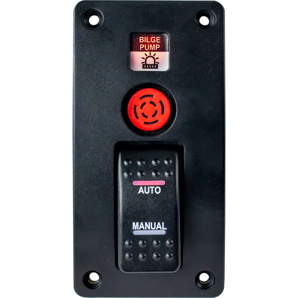 Sea-Dog Bilge Pump water alarm panel with switch, black ABS, audible and visual alarm, automatic/manual control, 12V.