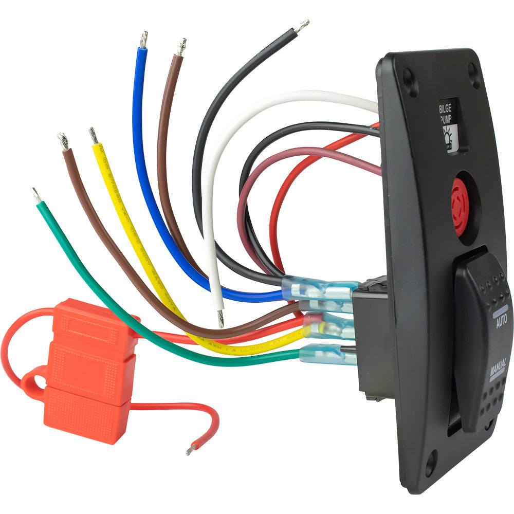 Sea-Dog bilge pump water alarm panel with switch and colored wiring for marine use