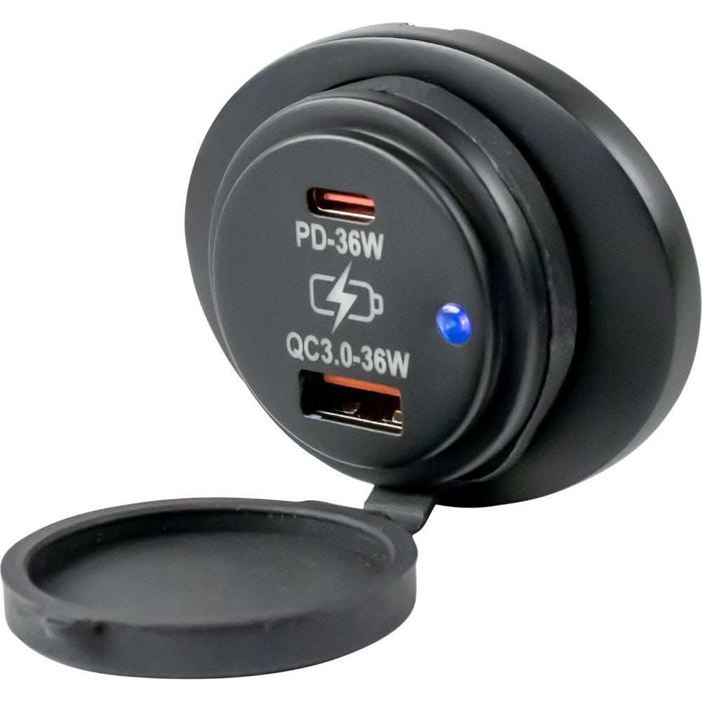 Sea-Dog Oval Surface Mount USB 3.0 and USB-C power socket with dust cap and blue LED indicator