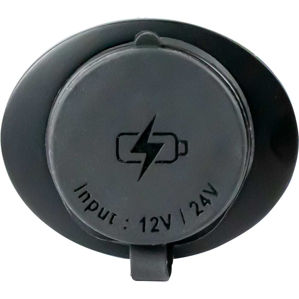 Sea-Dog oval surface mount USB 3.0 and USB-C power socket with protective dust cap and LED indicator in black.