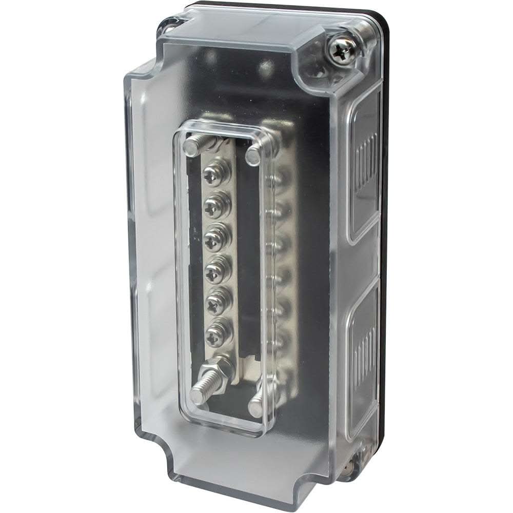 Sea-Dog Dual Buss Bar with clear cover, 12 terminals, corrosion-resistant copper, and ABS construction for electrical distribution.