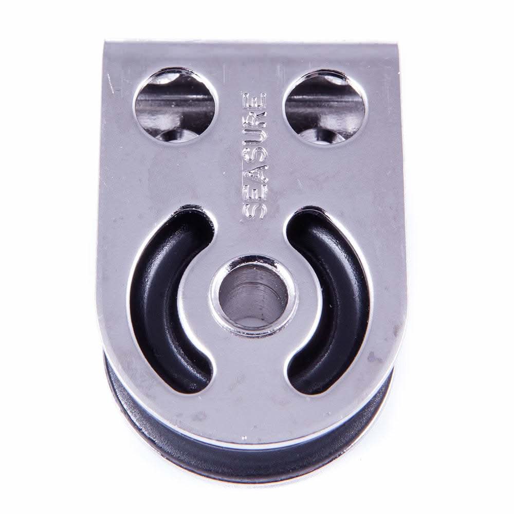 SeaSure 1" Bolt Down Block with stainless steel side plates and black arnite sheave, 25mm plain bearing block for marine use.