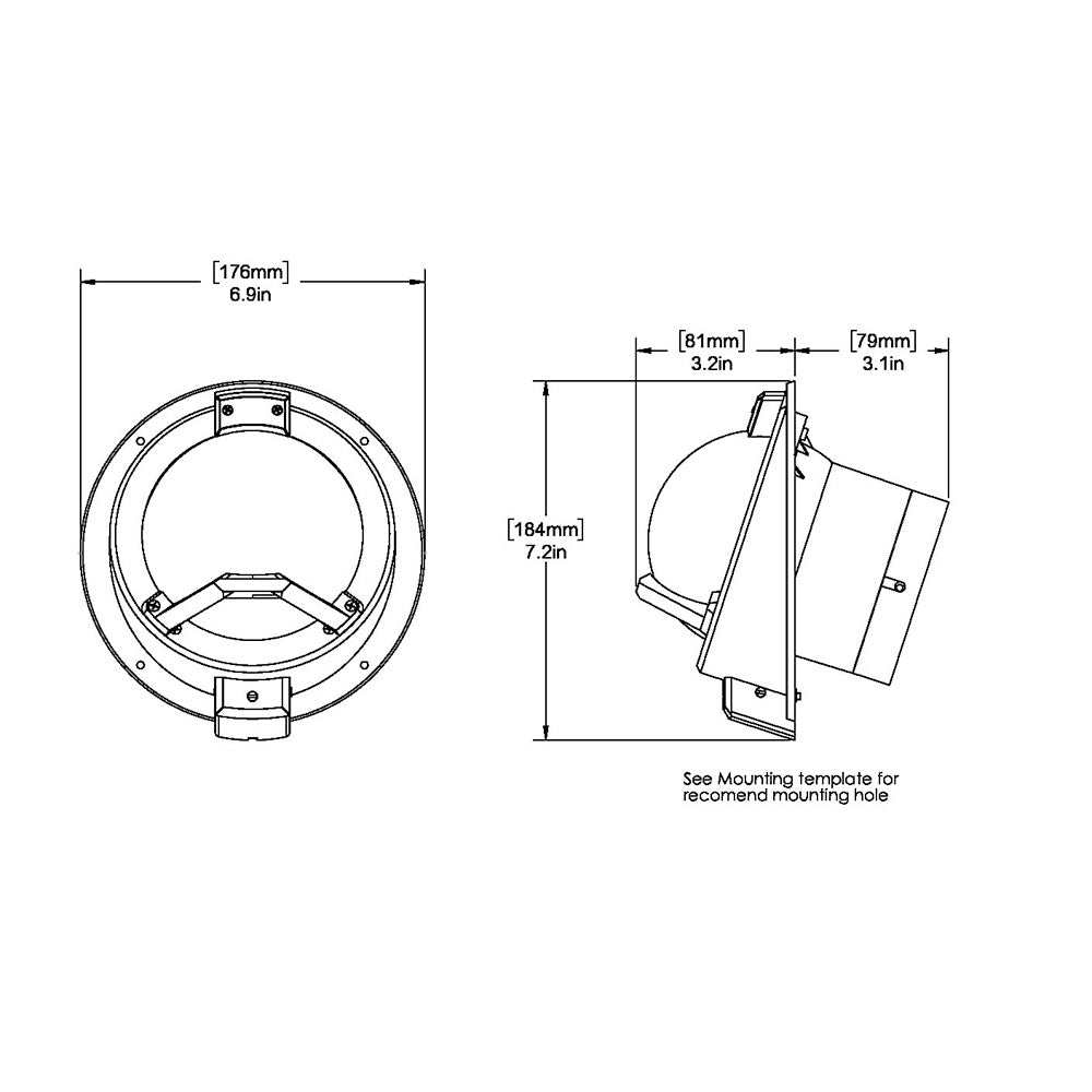 Ritchie BN-202 Navigator Compass black bulkhead mount with detailed dimensions and mounting template diagram