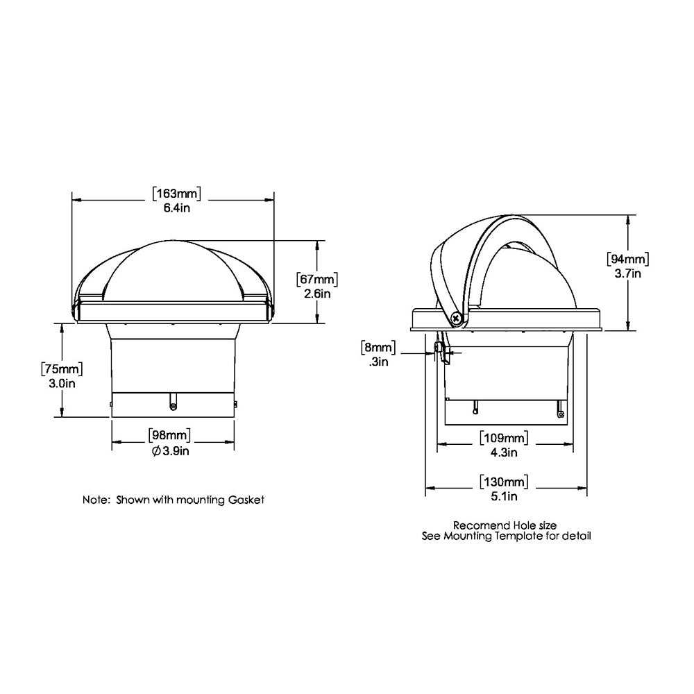 Ritchie FN-201W Navigator Compass flush mount with detailed measurements and mounting hole size diagram