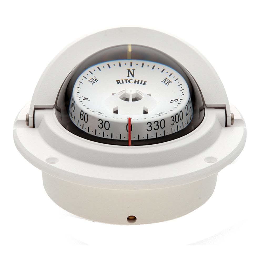 Ritchie F-83W Voyager flush mount white marine compass with night illumination and sun shield