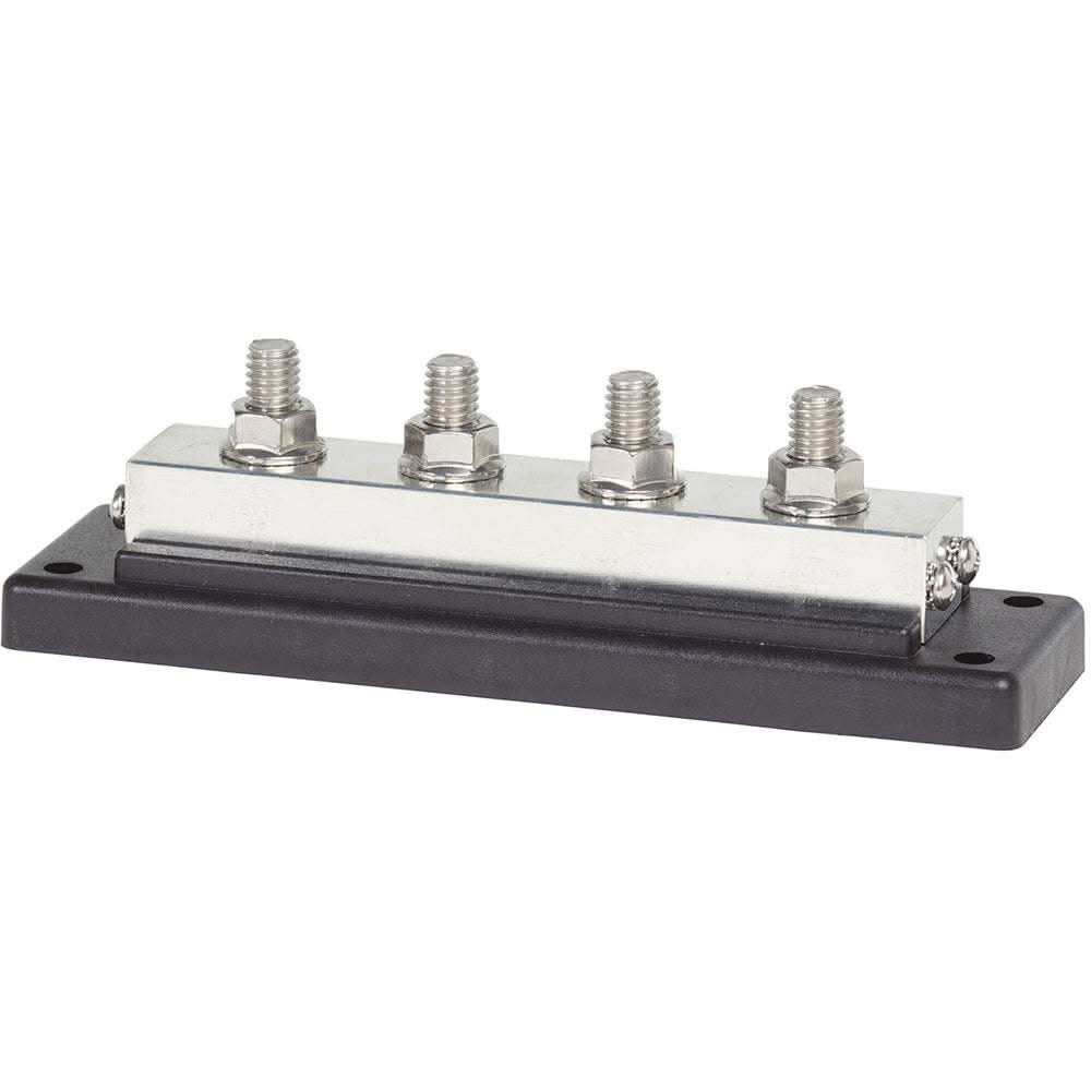 Blue Sea 2104 PowerBar 600AMP cable connector with 4 x 3/8-16 stud terminals on black base