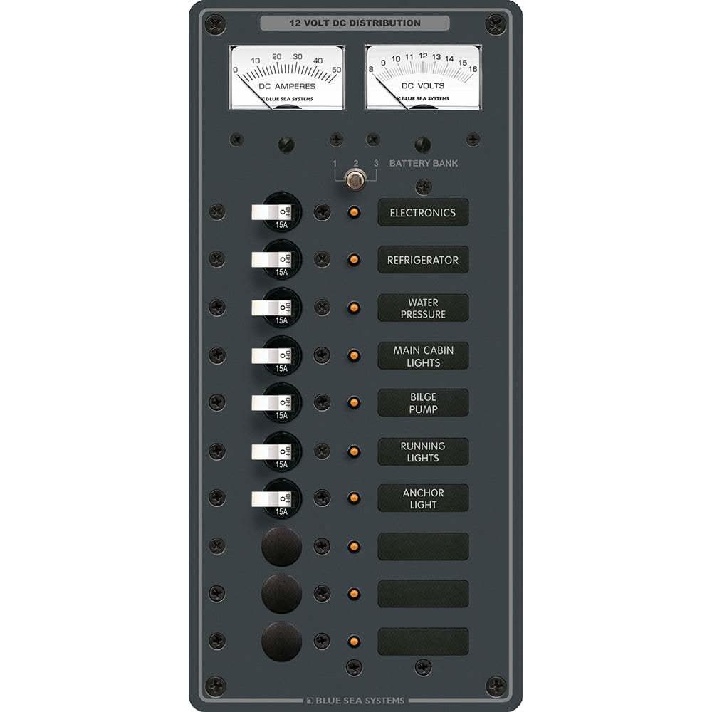 Blue Sea 8082 DC 10 position toggle branch circuit breaker panel with voltmeter and ammeter