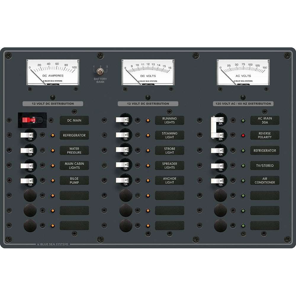 Blue Sea 8084 toggle circuit breaker panel with white switches, AC main +6 positions, DC main +15 positions, voltmeters and ammeters