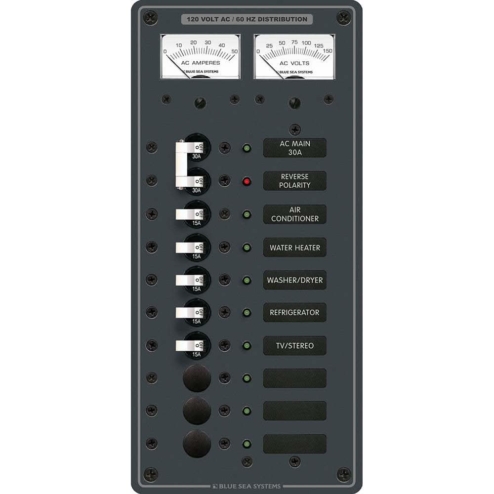 Blue Sea 8074 AC Main 8 Positions Toggle Circuit Breaker Panel with white switches and voltmeter ammeter display
