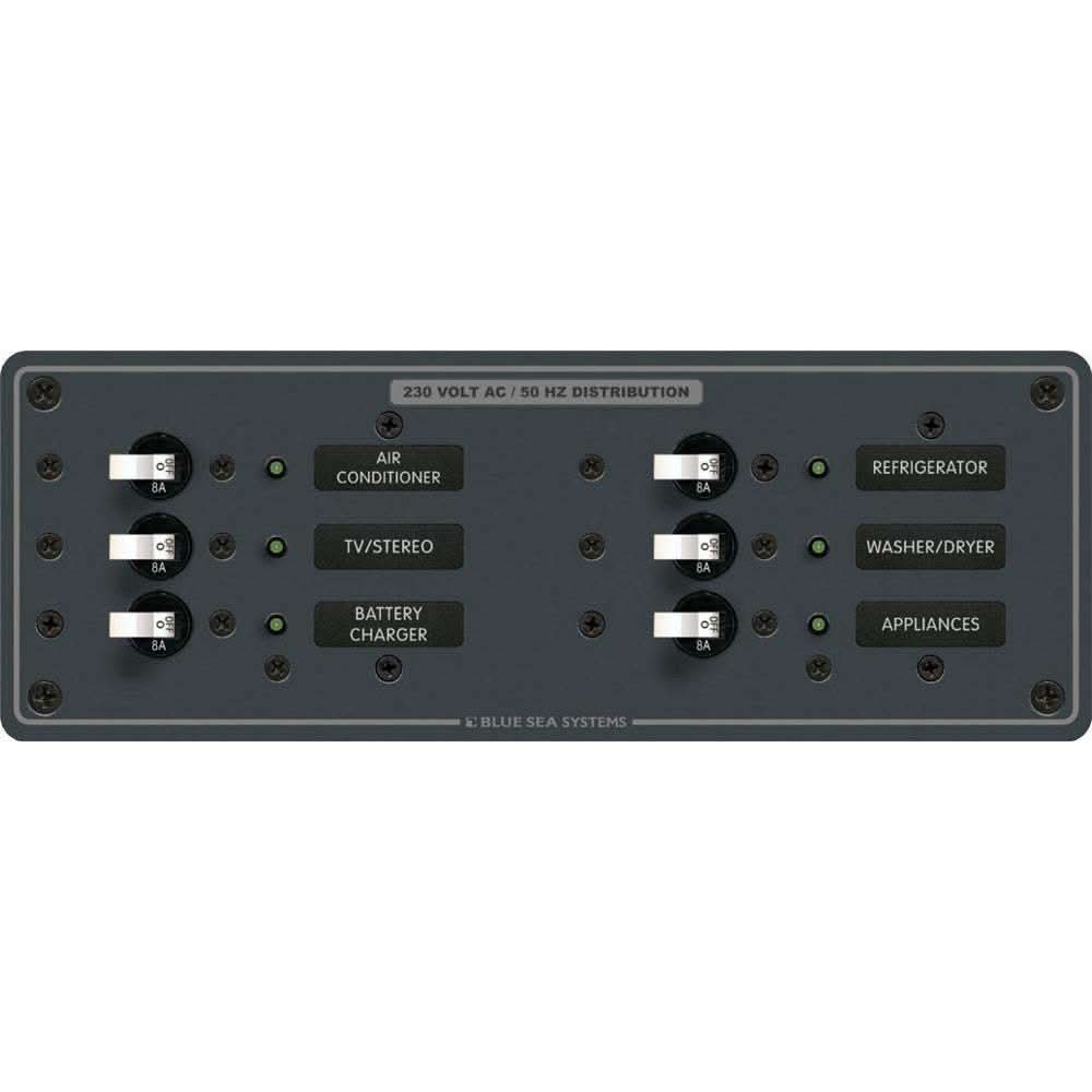 Blue Sea 8197 AC 6 Position Marine Circuit Breaker Panel with LED indicators and backlit labels