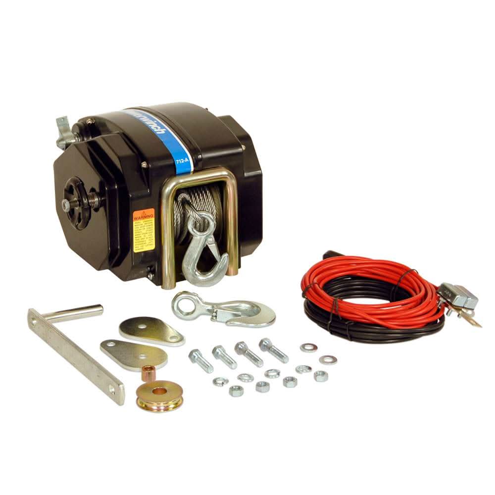 Powerwinch 712A electric trailer winch with 7,500 lb max weight, mounting hardware, and wiring cable.