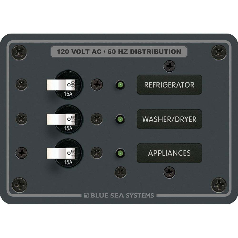Blue Sea 8058 AC 3 position toggle circuit breaker panel with white switches and labeled breakers for refrigerator, washer/dryer, and appliances