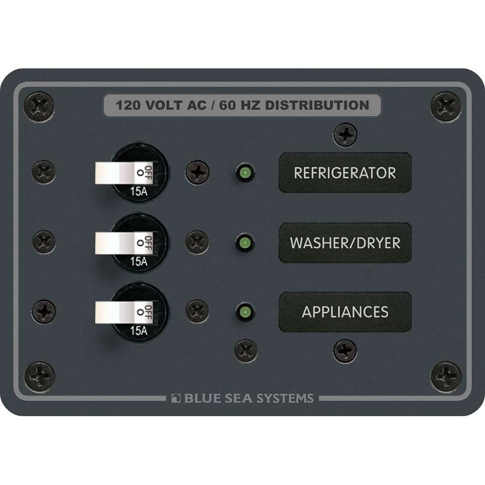 Blue Sea 8058 AC 3 position toggle circuit breaker panel with white switches and labeled breakers for refrigerator, washer/dryer, and appliances