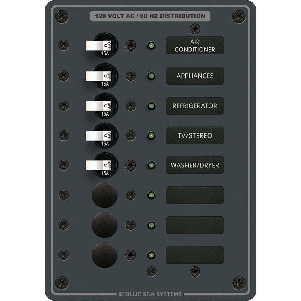 Blue Sea 8059 AC 8 Position Toggle Circuit Breaker Panel with labeled switches and indicator LEDs