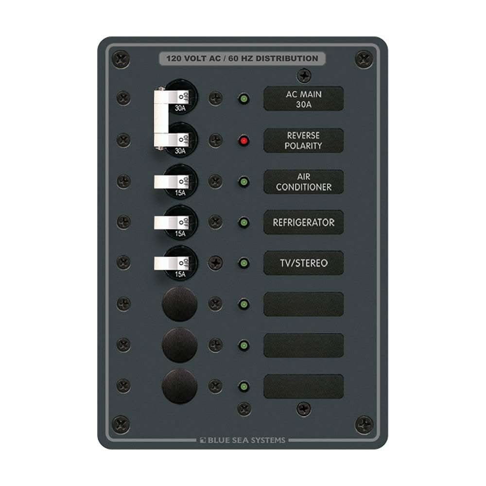 Blue Sea 8027 AC main breaker panel with 6 positions and white switches
