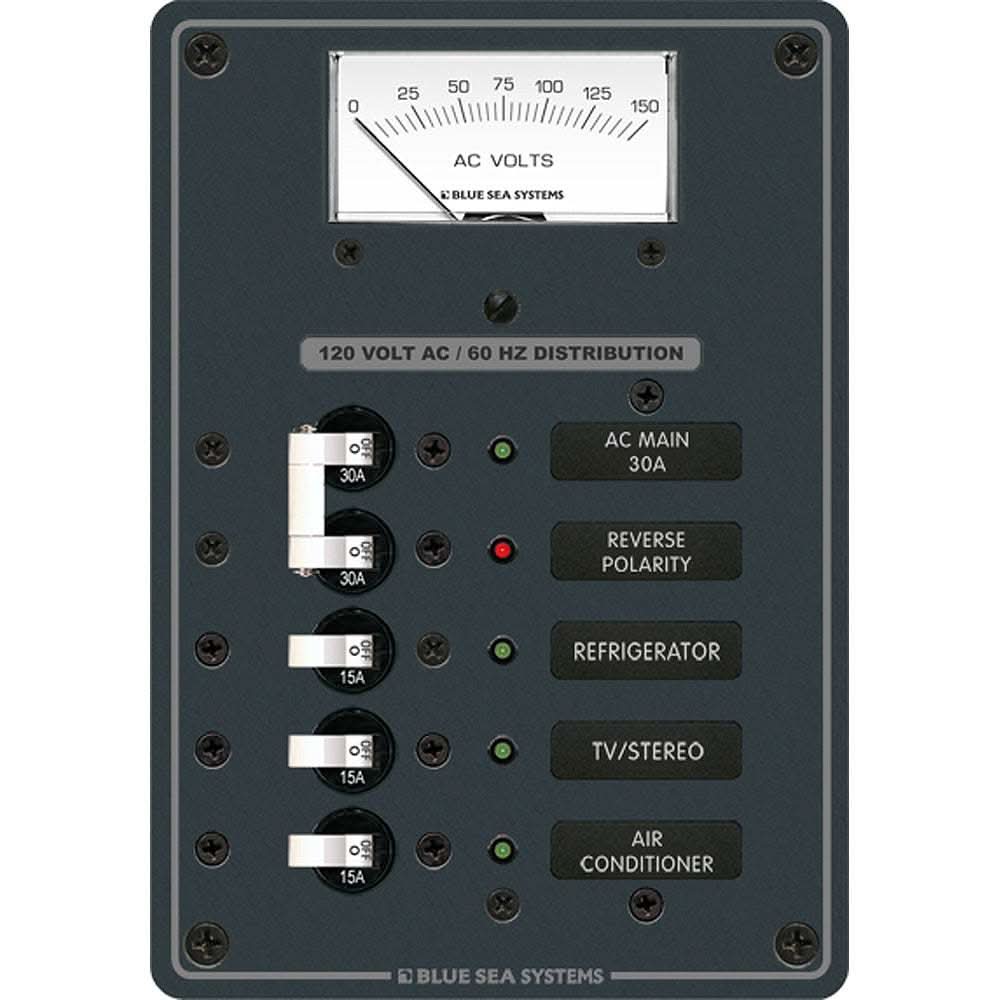 Blue Sea 8043 AC main toggle circuit breaker panel with voltmeter and white switches showing 3 positions and LED indicators