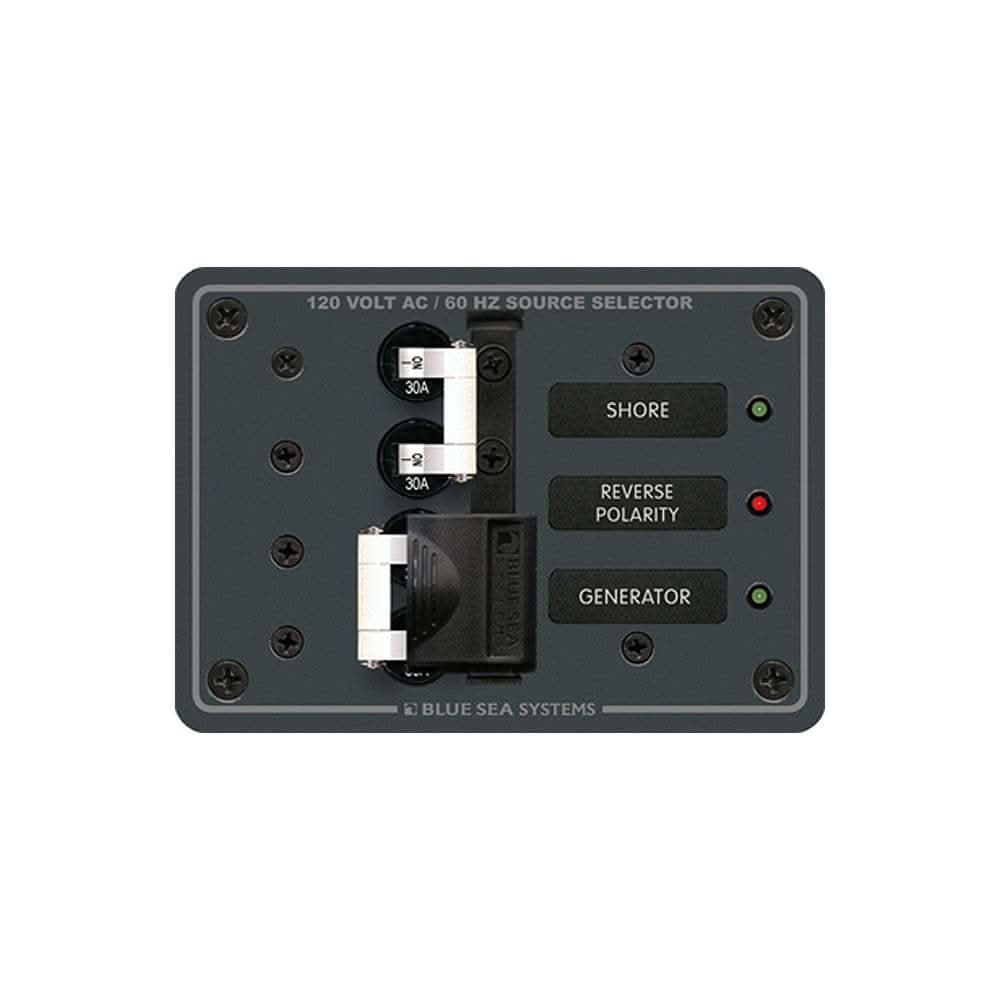 Blue Sea 8032 AC Toggle Source Selector 120V 30AMP with white switches and LED indicators