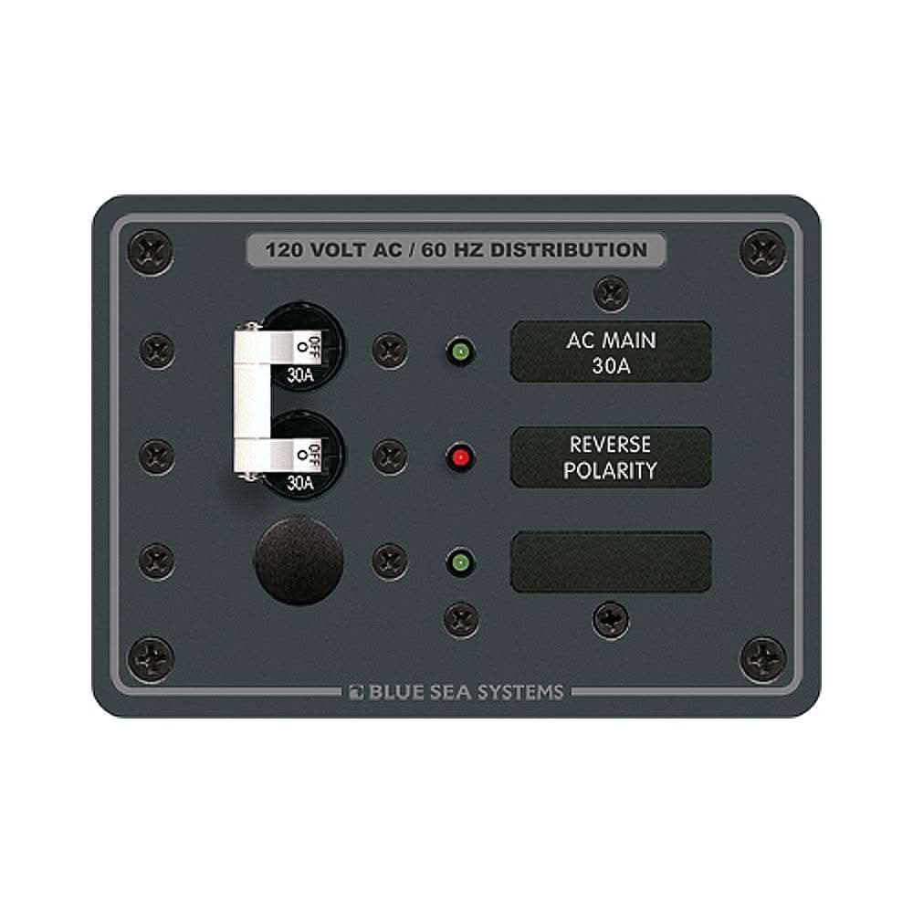Blue Sea 8029 AC main breaker panel with white switches and reverse polarity LED indicator