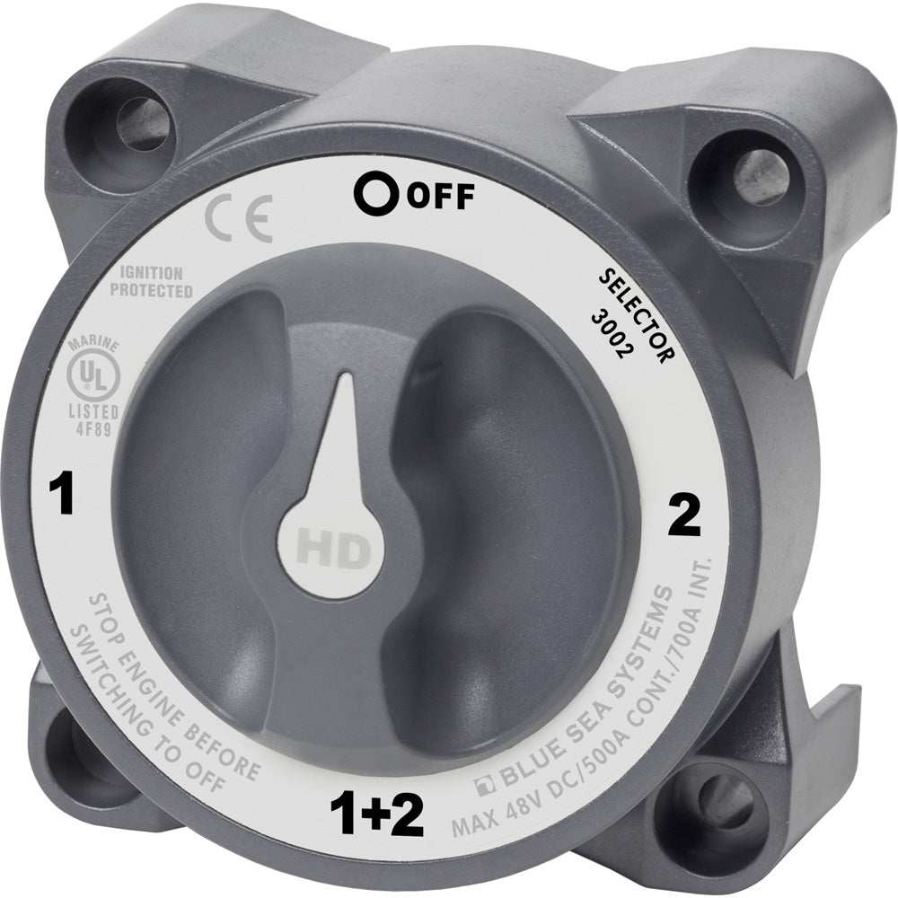 Blue Sea 3002 HD-Series battery switch selector for boats with 500 amp continuous rating and ignition protection