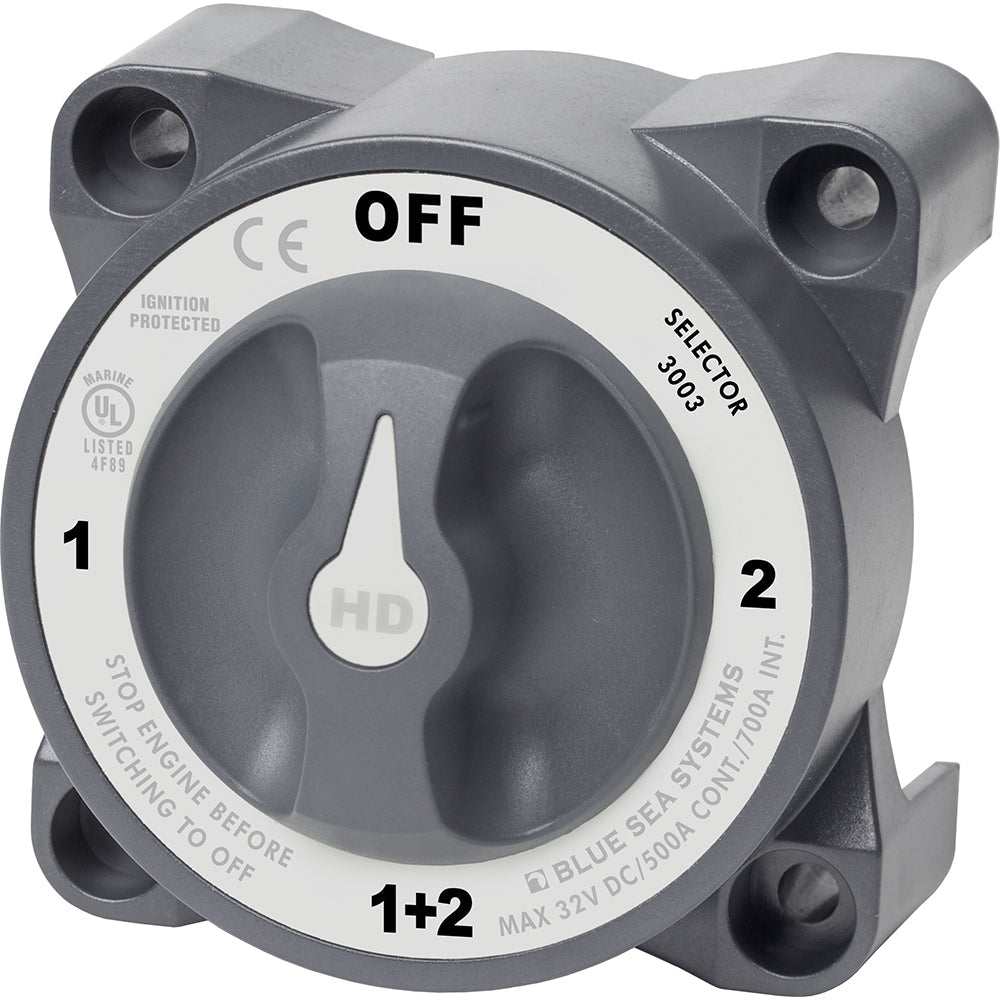 Blue Sea 3003 HD-Series Battery Switch Selector with Alternator Field Disconnect, 500 Amp rating, ignition protected, for marine use