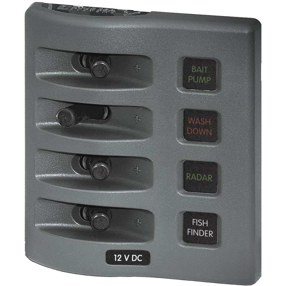 Blue Sea 4304 Grey WeatherDeck Water Resistant 4 Position Fuse Panel with backlit labels and toggle switches
