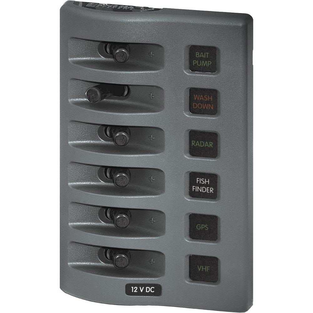 Blue Sea 4306 WeatherDeck grey 6-position water resistant fuse panel with toggle switches and backlit labels.