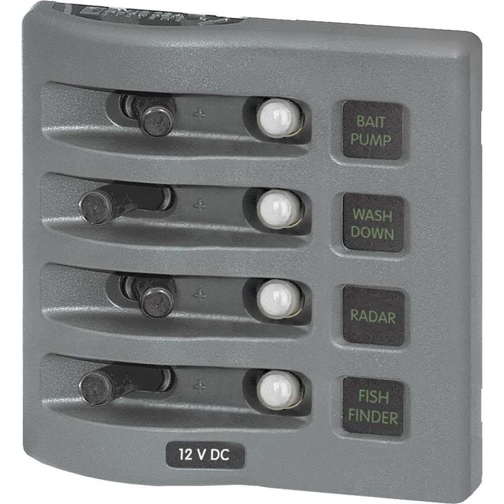 Blue Sea 4374 WeatherDeck water resistant 4-position grey circuit breaker panel with backlit labels and waterproof design