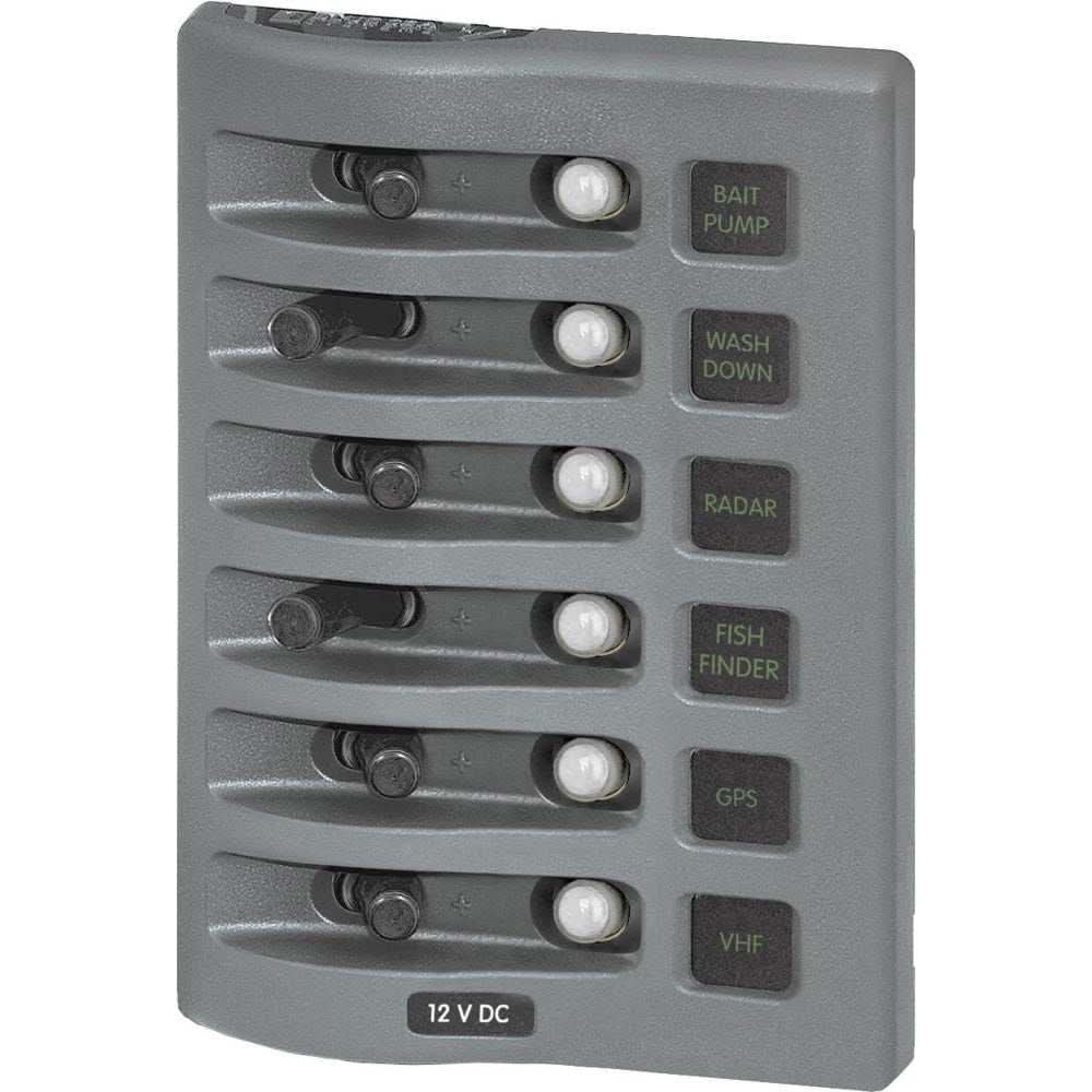 Blue Sea 4376 WeatherDeck water resistant 6-position grey circuit breaker panel with LED backlit labels and waterproof design