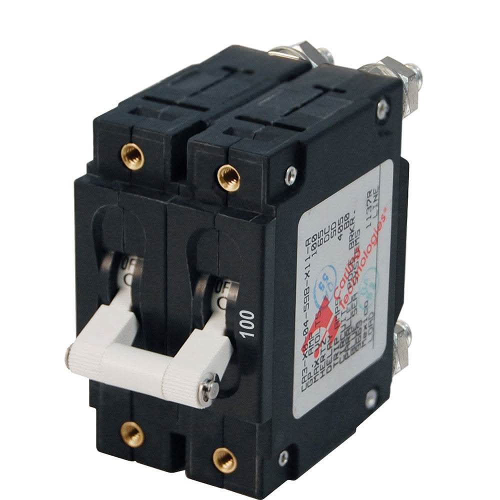 Blue Sea 7258 100A double pole circuit breaker with C-Series toggle and trip-free design