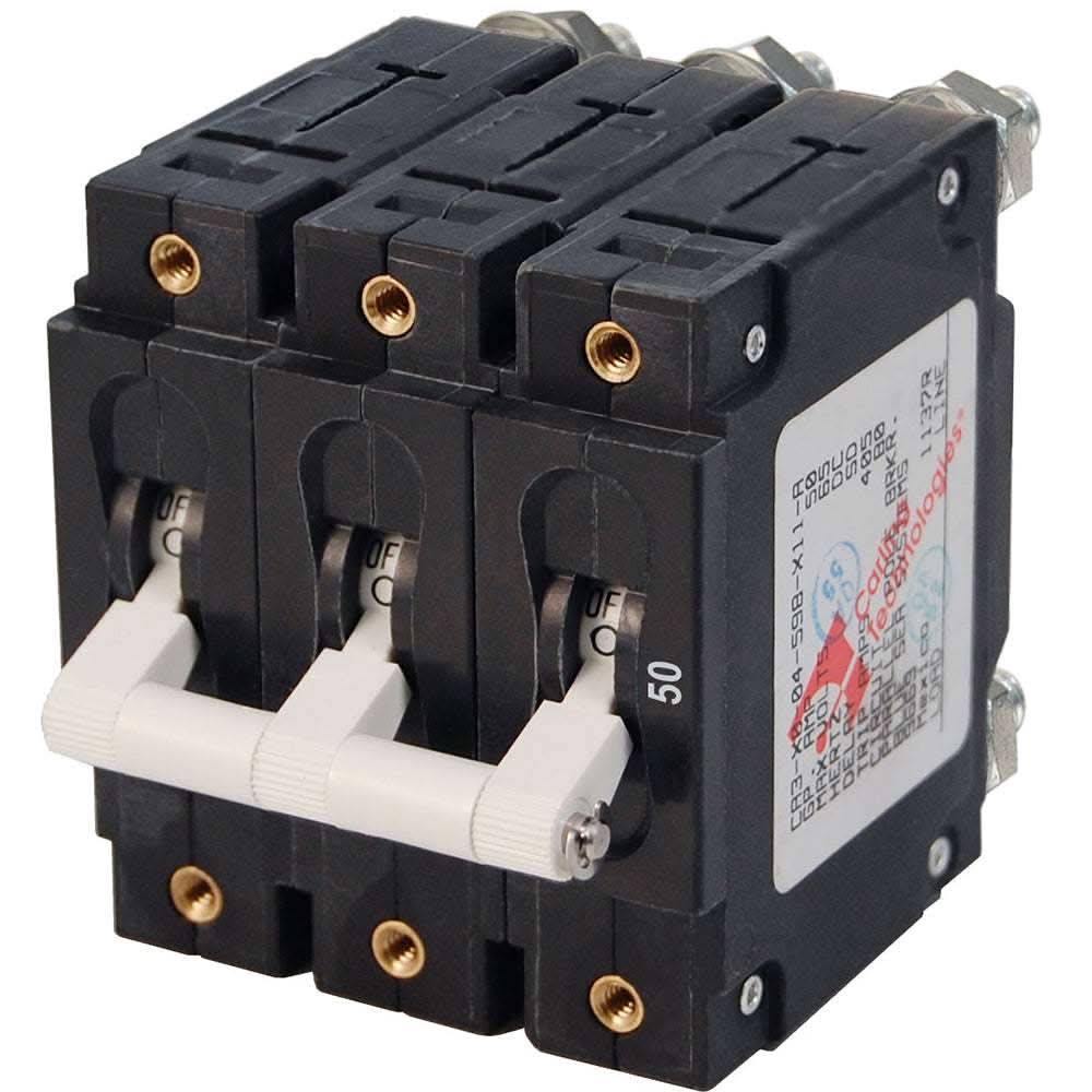 Blue Sea 7287 triple pole 50A circuit breaker with white toggles