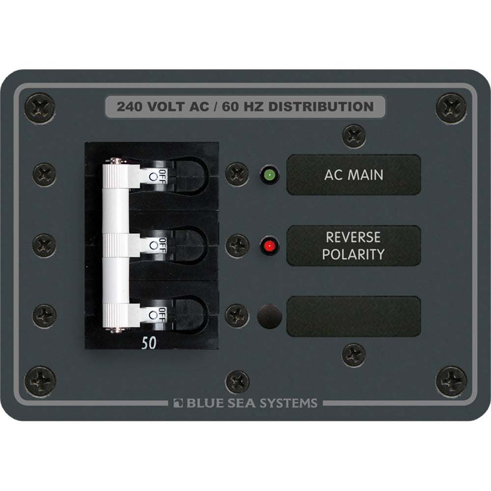Blue Sea 7372 AC Main panel with 50A toggle switch, reverse polarity LED indicator, and 240V/60Hz distribution