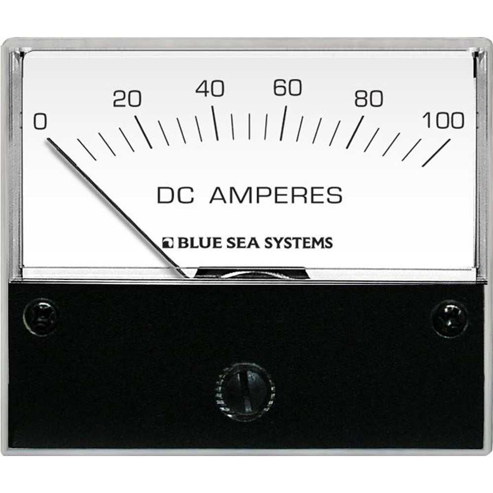 Blue Sea 8017 DC analog ammeter with 2-3/4 inch face, 0-100 amperes range, backlit meter, and external shunt.