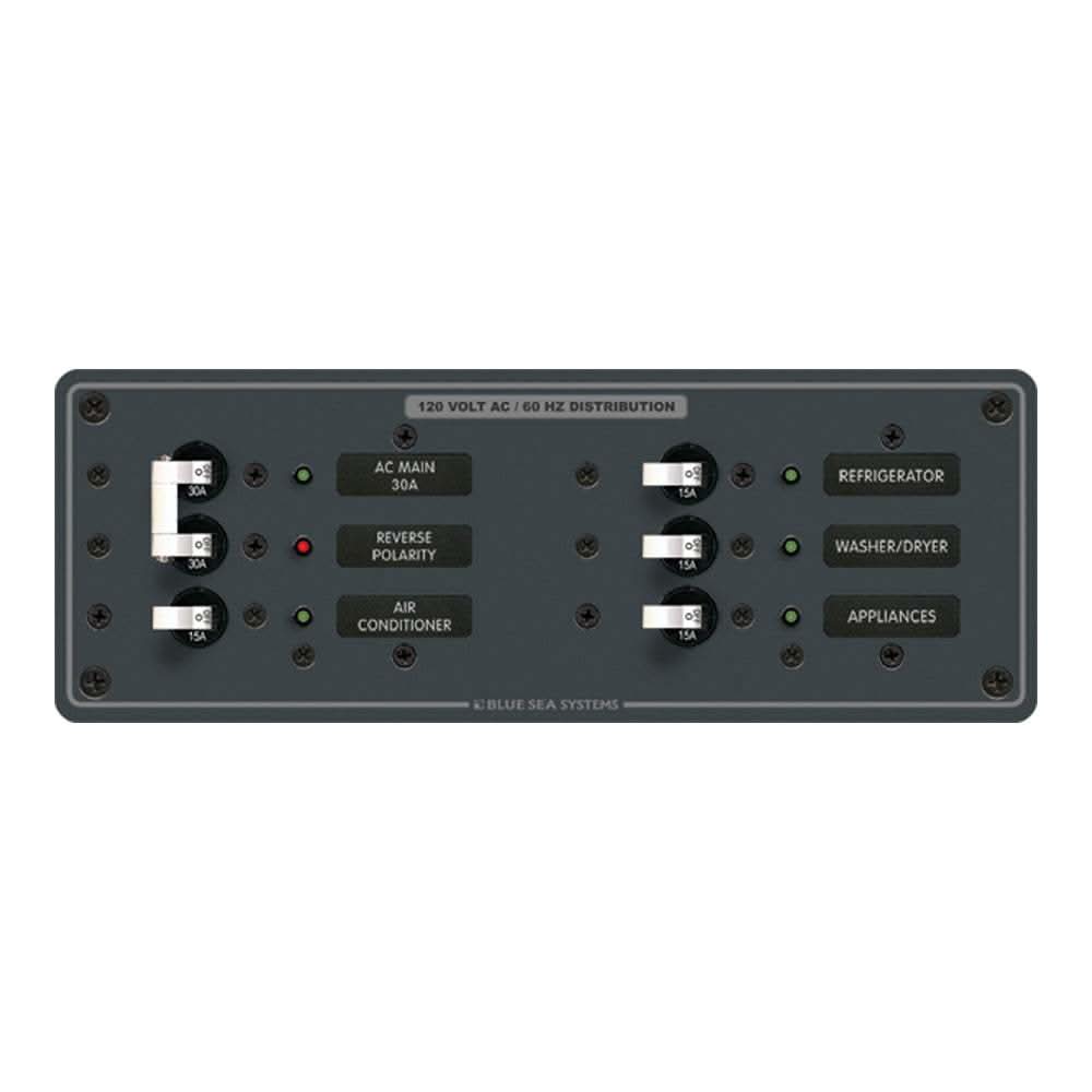 Blue Sea 8099 AC Main 50A toggle circuit breaker panel with white switches and LED indicators