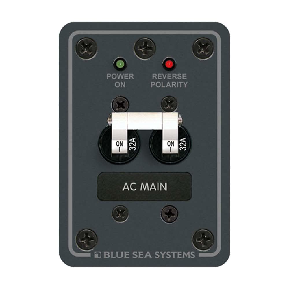 Blue Sea 8179 AC Main 230v 32A circuit breaker panel with reverse polarity LED and double pole switches