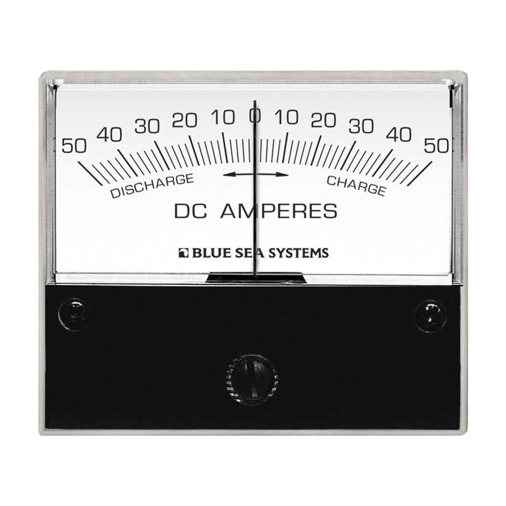 Blue Sea 8252 DC zero center analog ammeter with 2-3/4 inch face, 50-0-50 amperes range, backlit display, and shunt type external connection.