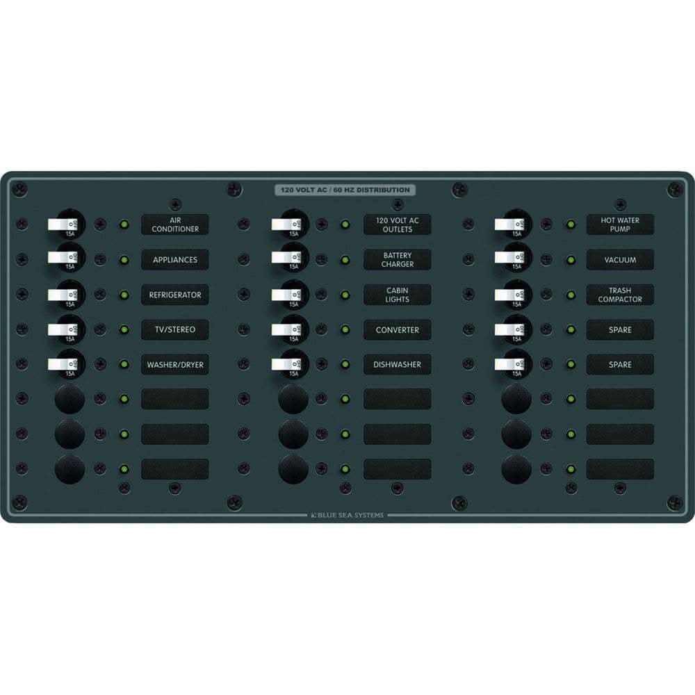 Blue Sea 8265 120VAC 24-position electrical panel with white switches and backlit labels