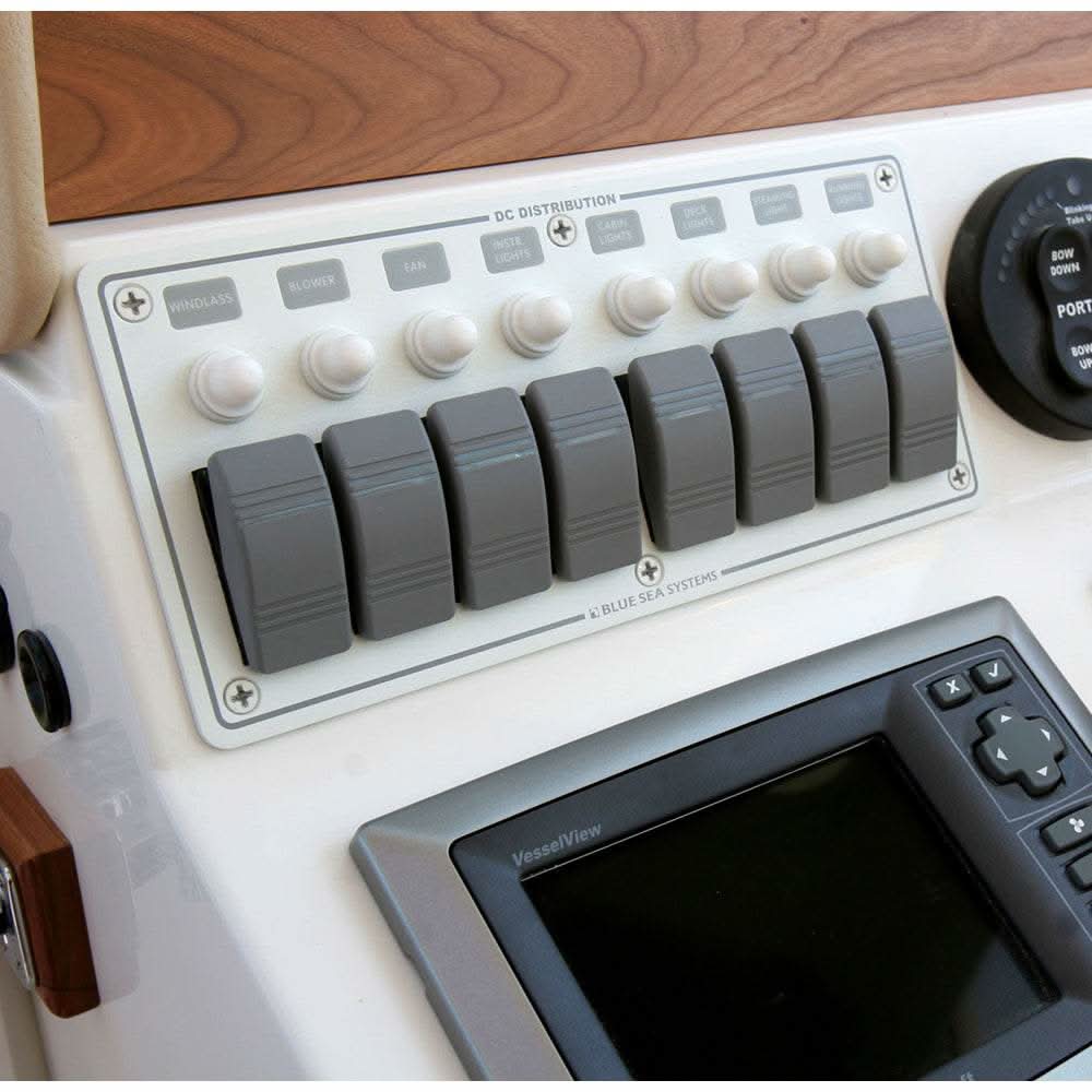 Blue Sea 8271 white horizontal 8-position water resistant panel with waterproof switches and circuit breakers for marine use