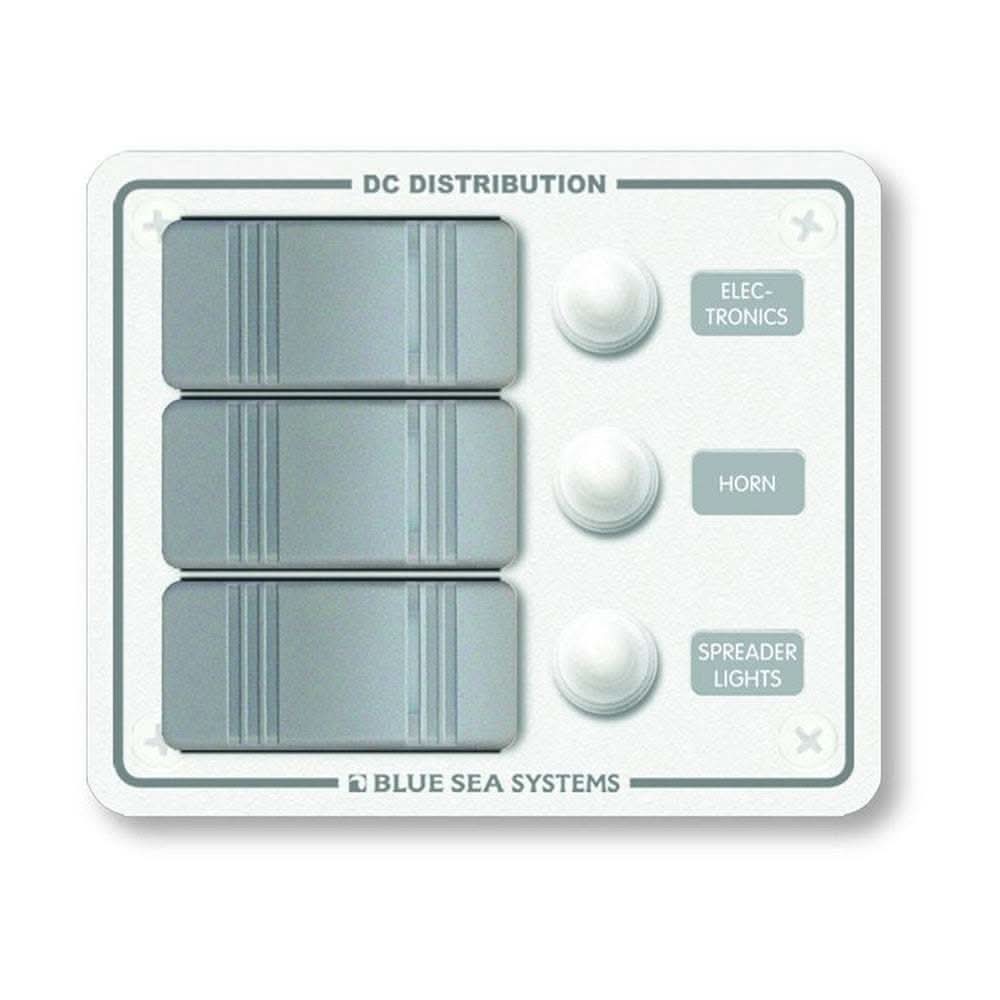Blue Sea 8274 water resistant white vertical mount 3-position circuit breaker panel with push button breakers and LED indicators