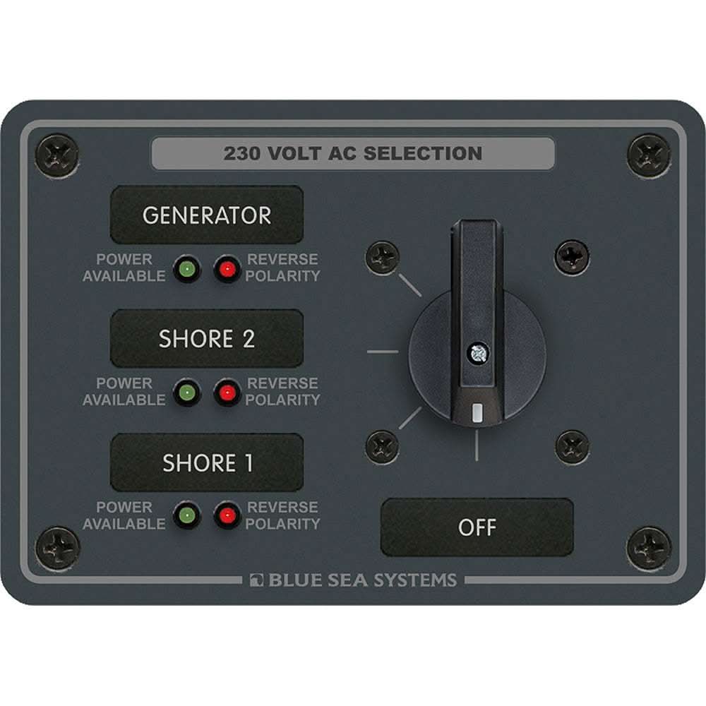 Blue Sea 8358 AC rotary switch panel with 3 positions plus OFF, 30 Amp, 2-pole, slate gray finish, LED indicators.