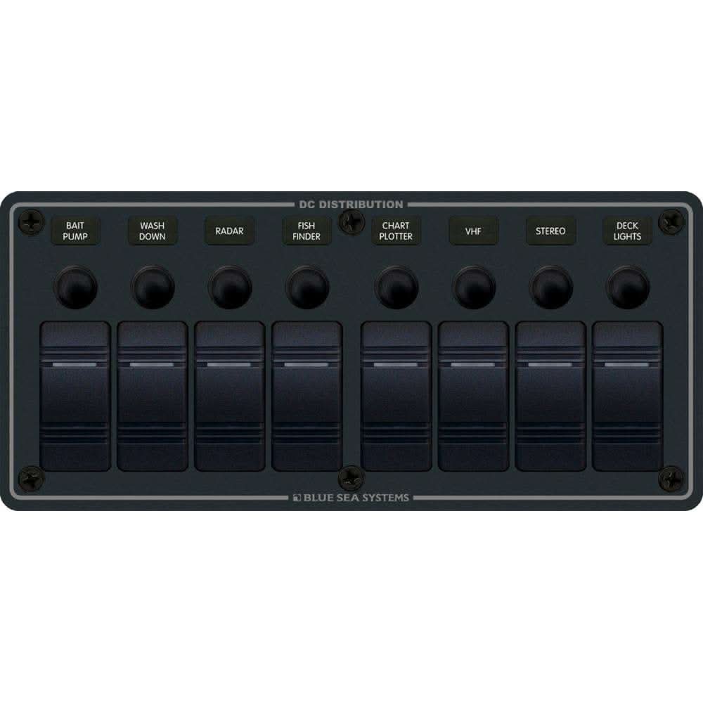 Blue Sea 8371 black horizontal 8-position water resistant circuit breaker panel for marine use