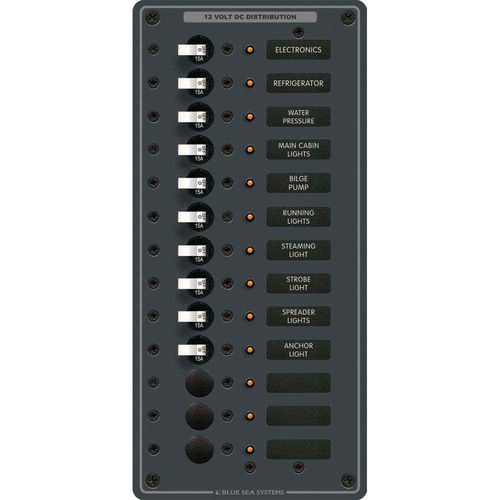 BLUE SEA 8376 PANEL DC 13 position vertical circuit breaker panel with white switches and backlit labels