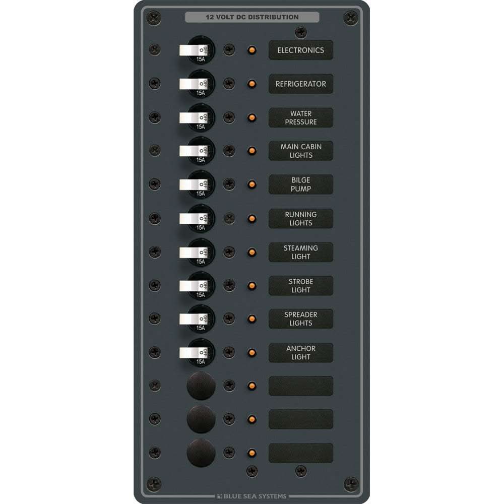 BLUE SEA 8376 PANEL DC 13 position vertical circuit breaker panel with white switches and backlit labels