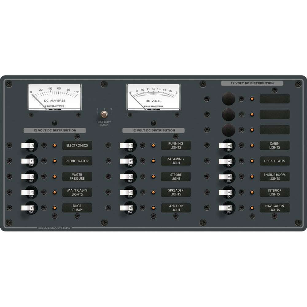 BLUE SEA 8378 PANEL DC 18-position 12V 100A pre-wired marine circuit breaker panel with analog meters and LED indicators