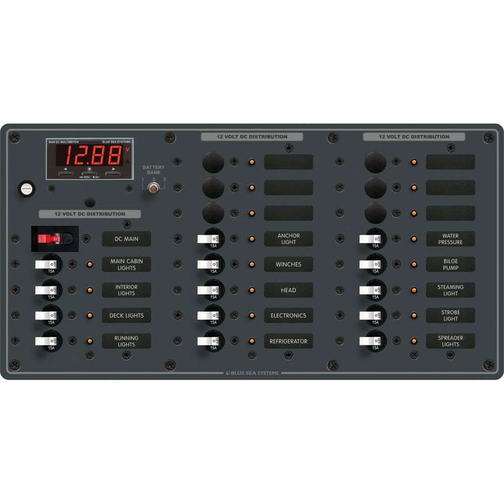 Blue Sea 8379 Panel DC 21 Position with digital multimeter and circuit breakers