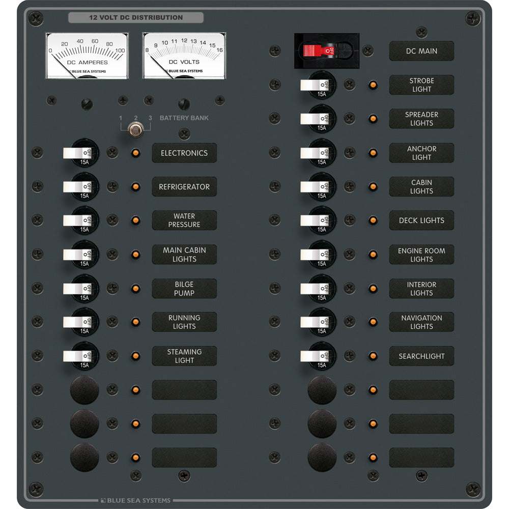 BLUE SEA 8380 breaker panel with 22 positions, analog meters, and white switches