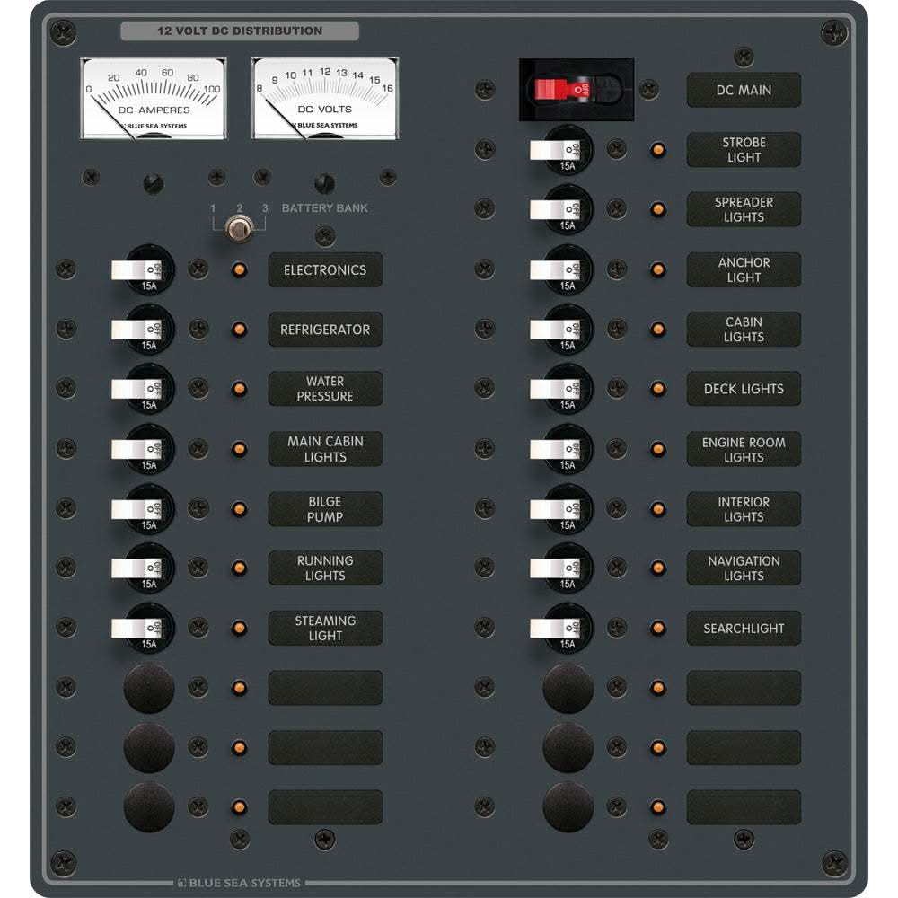 BLUE SEA 8380 breaker panel with 22 positions, analog meters, and white switches